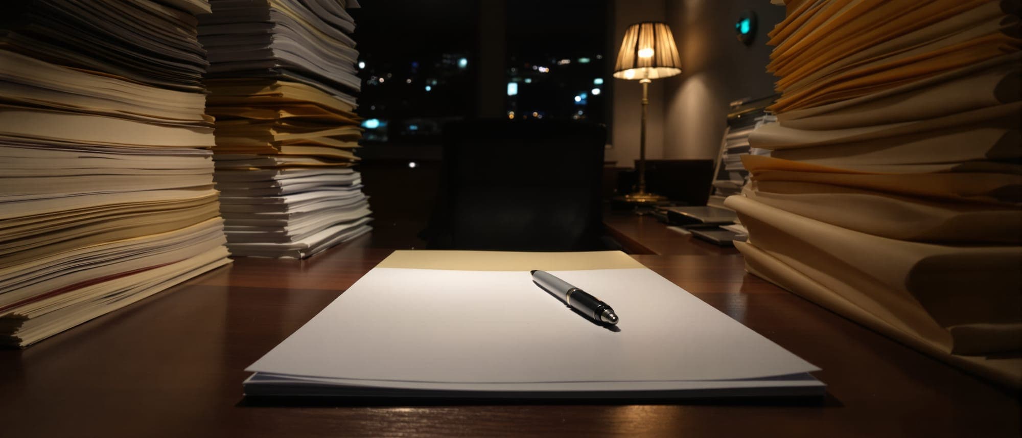 Escritorio del dueño de una empresa de noche: pilas de carpetas y papeles a los costados y, en el centro, una hoja en blanco con una lapicera esperando la firma
